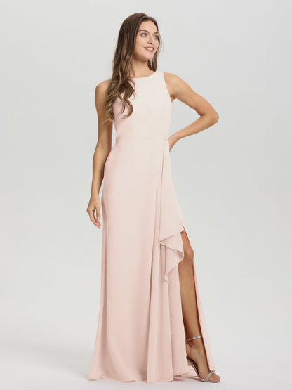 Boat Neck Sleeveless Ruffles Key Hole Back Chiffon Bridesmaid Dress