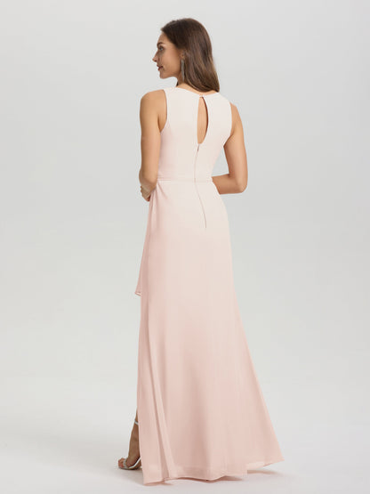 Boat Neck Sleeveless Ruffles Key Hole Back Chiffon Bridesmaid Dress