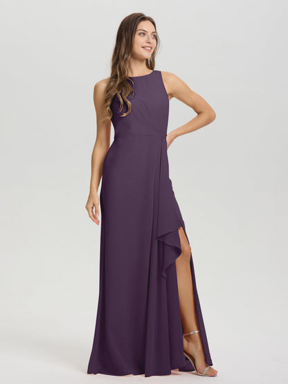 Boat Neck Sleeveless Ruffles Key Hole Back Chiffon Bridesmaid Dress