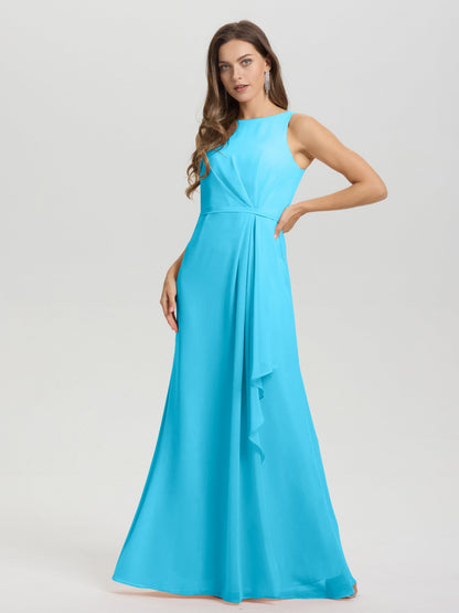 Boat Neck Sleeveless Ruffles Key Hole Back Chiffon Bridesmaid Dress