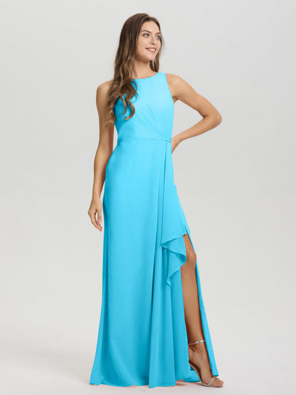 Boat Neck Sleeveless Ruffles Key Hole Back Chiffon Bridesmaid Dress