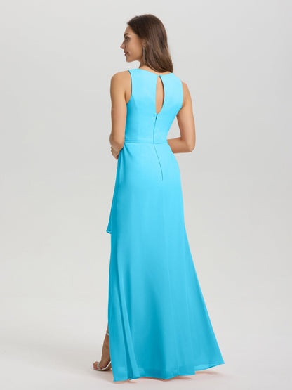 Boat Neck Sleeveless Ruffles Key Hole Back Chiffon Bridesmaid Dress