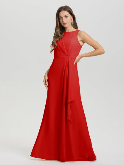 Boat Neck Sleeveless Ruffles Key Hole Back Chiffon Bridesmaid Dress