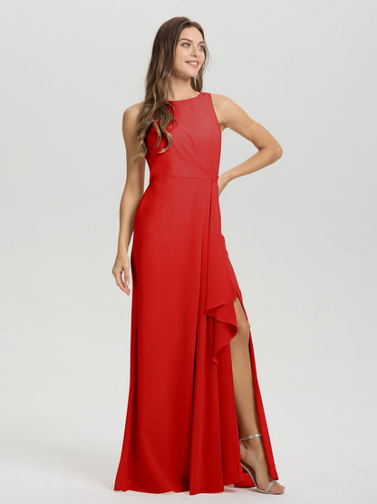 Boat Neck Sleeveless Ruffles Key Hole Back Chiffon Bridesmaid Dress