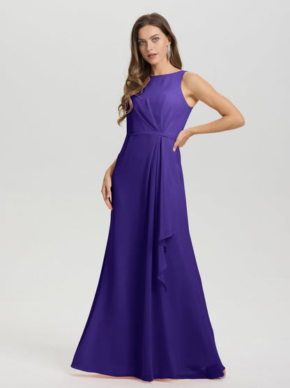 Boat Neck Sleeveless Ruffles Key Hole Back Chiffon Bridesmaid Dress