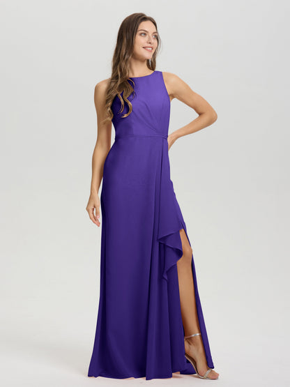 Boat Neck Sleeveless Ruffles Key Hole Back Chiffon Bridesmaid Dress