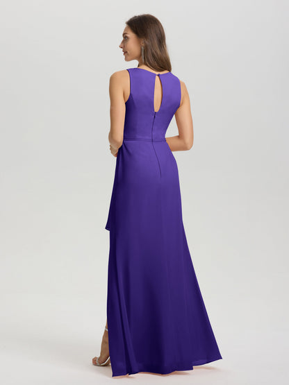 Boat Neck Sleeveless Ruffles Key Hole Back Chiffon Bridesmaid Dress