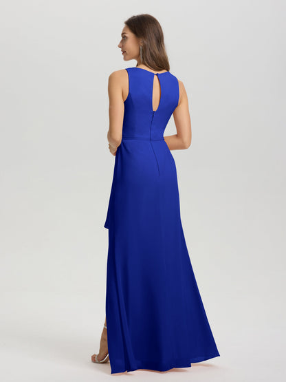 Boat Neck Sleeveless Ruffles Key Hole Back Chiffon Bridesmaid Dress
