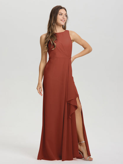 Boat Neck Sleeveless Ruffles Key Hole Back Chiffon Bridesmaid Dress
