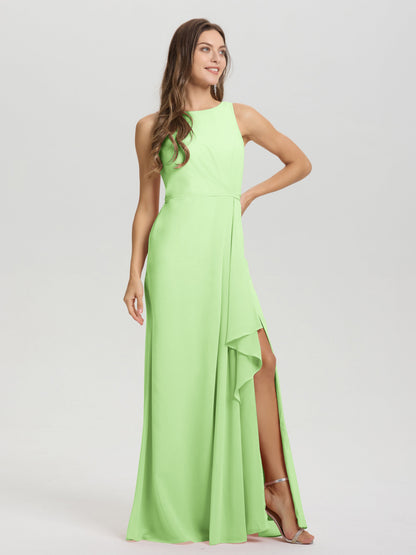 Boat Neck Sleeveless Ruffles Key Hole Back Chiffon Bridesmaid Dress