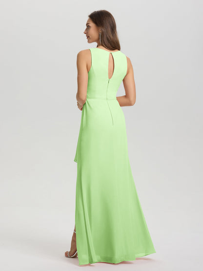 Boat Neck Sleeveless Ruffles Key Hole Back Chiffon Bridesmaid Dress
