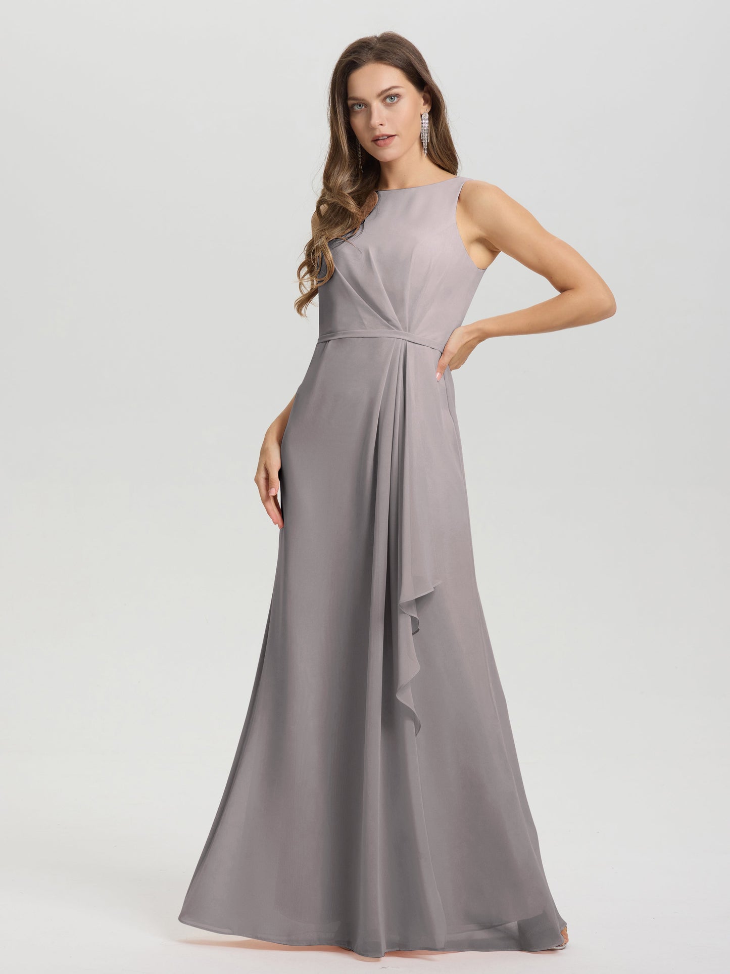 Boat Neck Sleeveless Ruffles Key Hole Back Chiffon Bridesmaid Dress