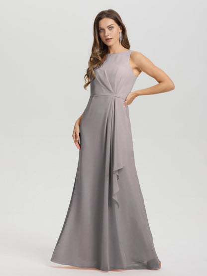 Boat Neck Sleeveless Ruffles Key Hole Back Chiffon Bridesmaid Dress