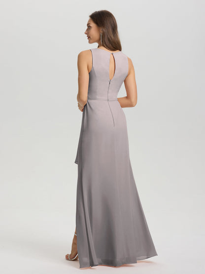 Boat Neck Sleeveless Ruffles Key Hole Back Chiffon Bridesmaid Dress