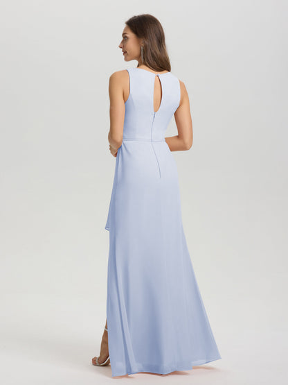 Boat Neck Sleeveless Ruffles Key Hole Back Chiffon Bridesmaid Dress