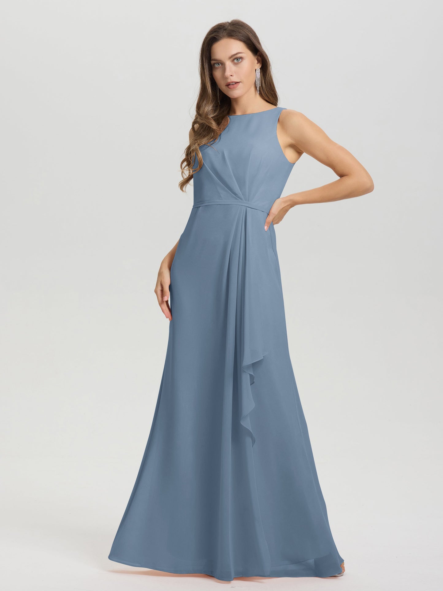 Boat Neck Sleeveless Ruffles Key Hole Back Chiffon Bridesmaid Dress