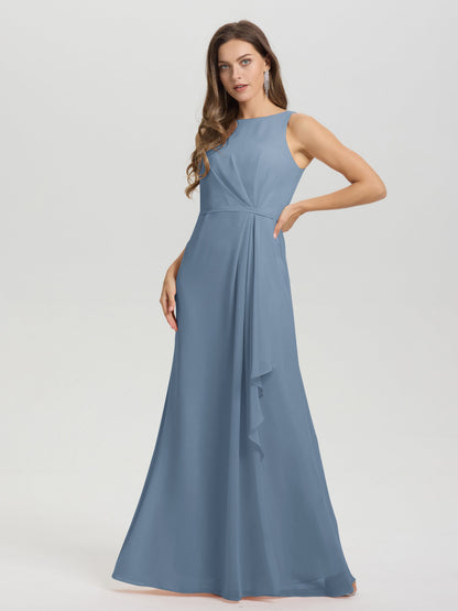 Boat Neck Sleeveless Ruffles Key Hole Back Chiffon Bridesmaid Dress