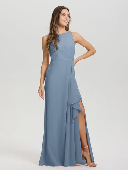 Boat Neck Sleeveless Ruffles Key Hole Back Chiffon Bridesmaid Dress