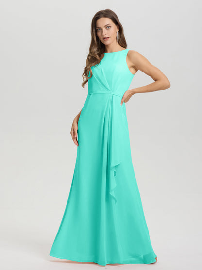 Boat Neck Sleeveless Ruffles Key Hole Back Chiffon Bridesmaid Dress
