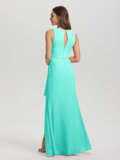 Boat Neck Sleeveless Ruffles Key Hole Back Chiffon Bridesmaid Dress