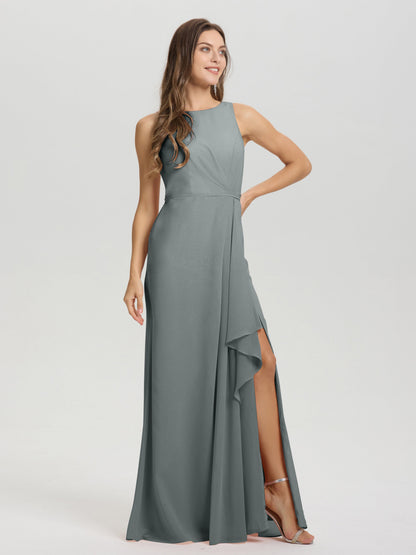 Boat Neck Sleeveless Ruffles Key Hole Back Chiffon Bridesmaid Dress