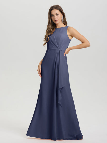 Boat Neck Sleeveless Ruffles Key Hole Back Chiffon Bridesmaid Dress