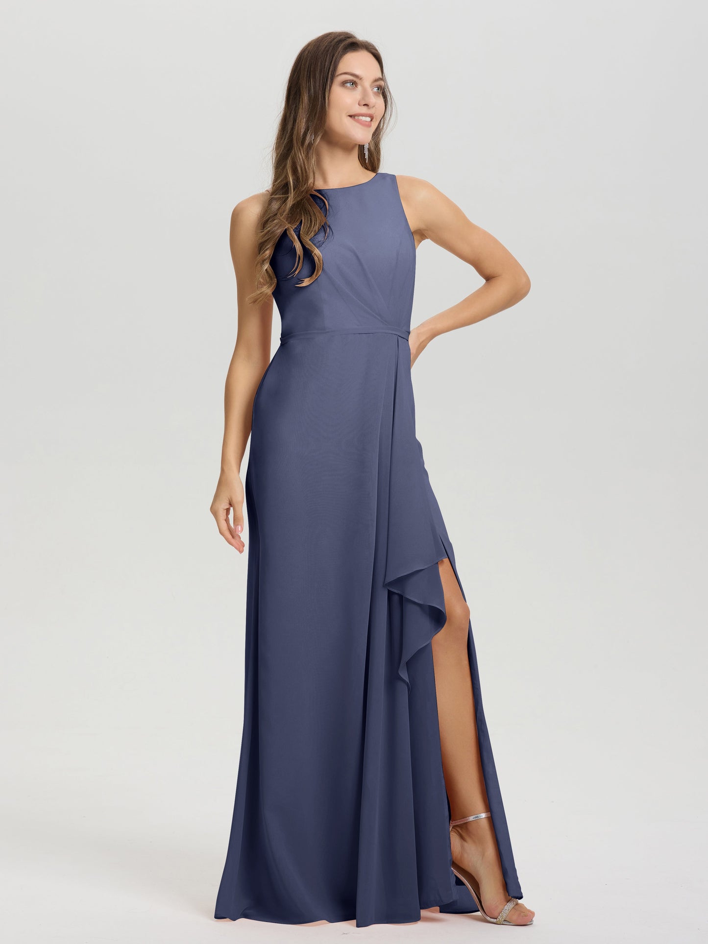 Boat Neck Sleeveless Ruffles Key Hole Back Chiffon Bridesmaid Dress