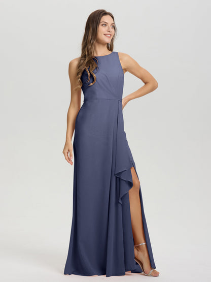Boat Neck Sleeveless Ruffles Key Hole Back Chiffon Bridesmaid Dress