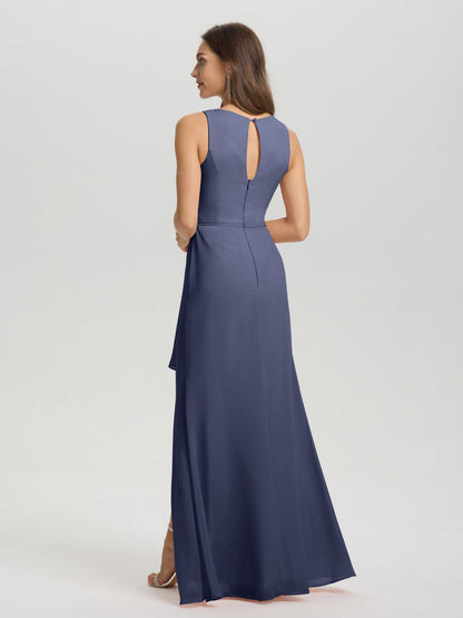 Boat Neck Sleeveless Ruffles Key Hole Back Chiffon Bridesmaid Dress