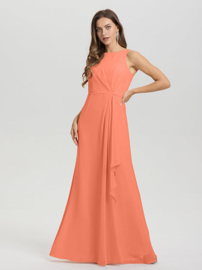Boat Neck Sleeveless Ruffles Key Hole Back Chiffon Bridesmaid Dress