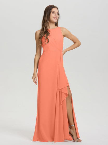 Boat Neck Sleeveless Ruffles Key Hole Back Chiffon Bridesmaid Dress