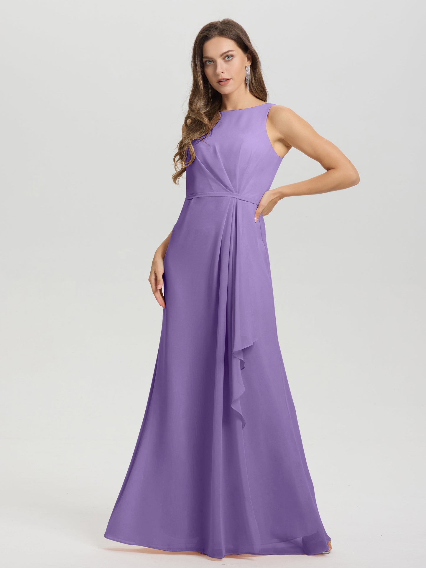 Boat Neck Sleeveless Ruffles Key Hole Back Chiffon Bridesmaid Dress
