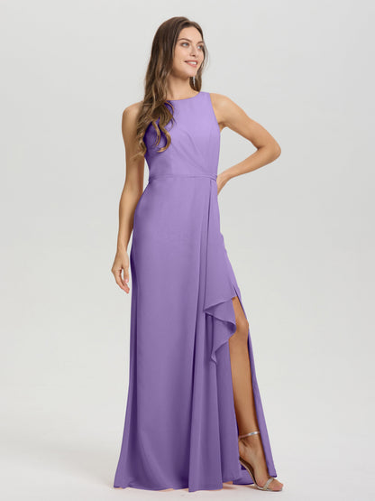 Boat Neck Sleeveless Ruffles Key Hole Back Chiffon Bridesmaid Dress