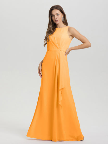 Boat Neck Sleeveless Ruffles Key Hole Back Chiffon Bridesmaid Dress