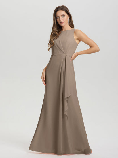 Boat Neck Sleeveless Ruffles Key Hole Back Chiffon Bridesmaid Dress