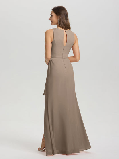 Boat Neck Sleeveless Ruffles Key Hole Back Chiffon Bridesmaid Dress