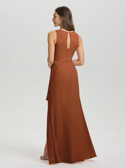 Boat Neck Sleeveless Ruffles Key Hole Back Chiffon Bridesmaid Dress
