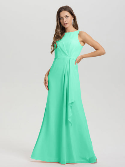Boat Neck Sleeveless Ruffles Key Hole Back Chiffon Bridesmaid Dress