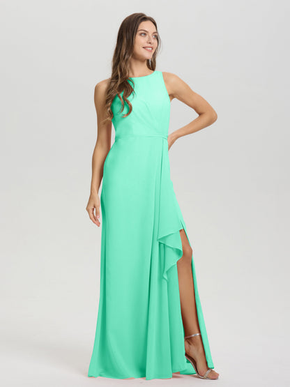 Boat Neck Sleeveless Ruffles Key Hole Back Chiffon Bridesmaid Dress