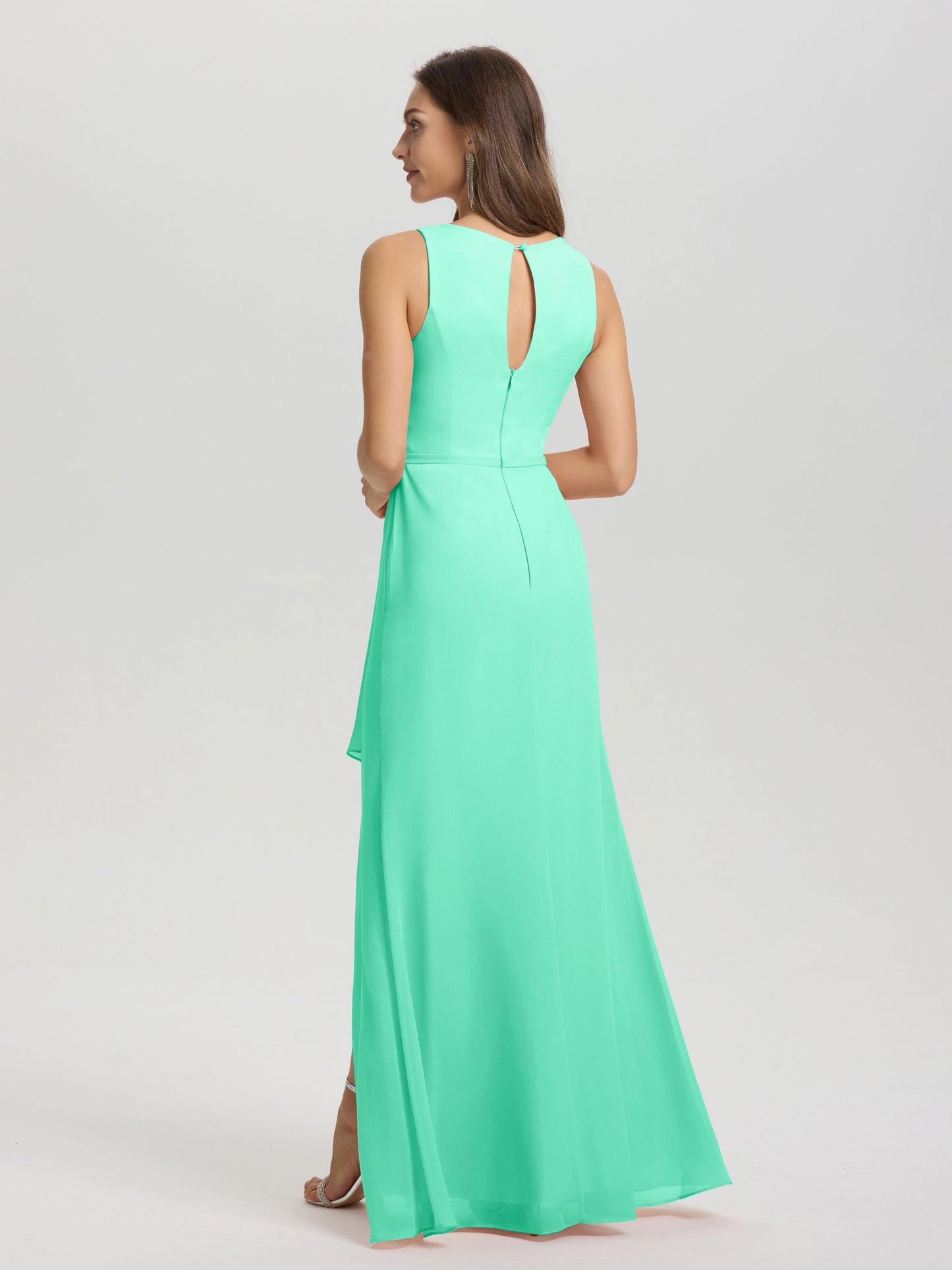 Boat Neck Sleeveless Ruffles Key Hole Back Chiffon Bridesmaid Dress