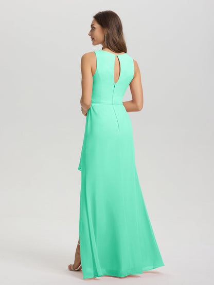 Boat Neck Sleeveless Ruffles Key Hole Back Chiffon Bridesmaid Dress