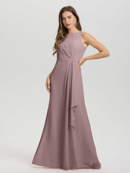 Boat Neck Sleeveless Ruffles Key Hole Back Chiffon Bridesmaid Dress