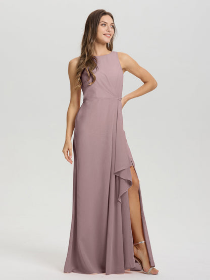 Boat Neck Sleeveless Ruffles Key Hole Back Chiffon Bridesmaid Dress