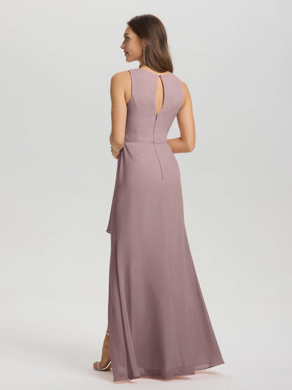 Boat Neck Sleeveless Ruffles Key Hole Back Chiffon Bridesmaid Dress