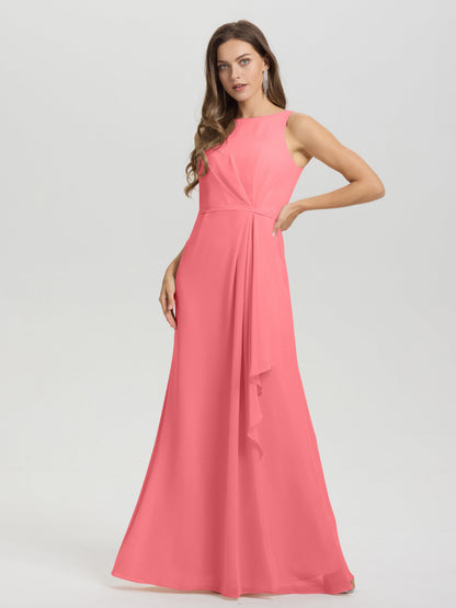 Boat Neck Sleeveless Ruffles Key Hole Back Chiffon Bridesmaid Dress