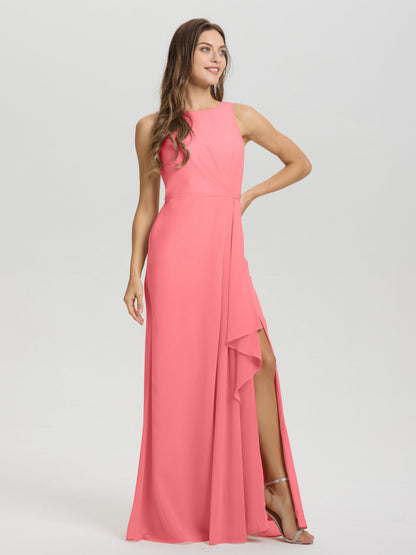 Boat Neck Sleeveless Ruffles Key Hole Back Chiffon Bridesmaid Dress