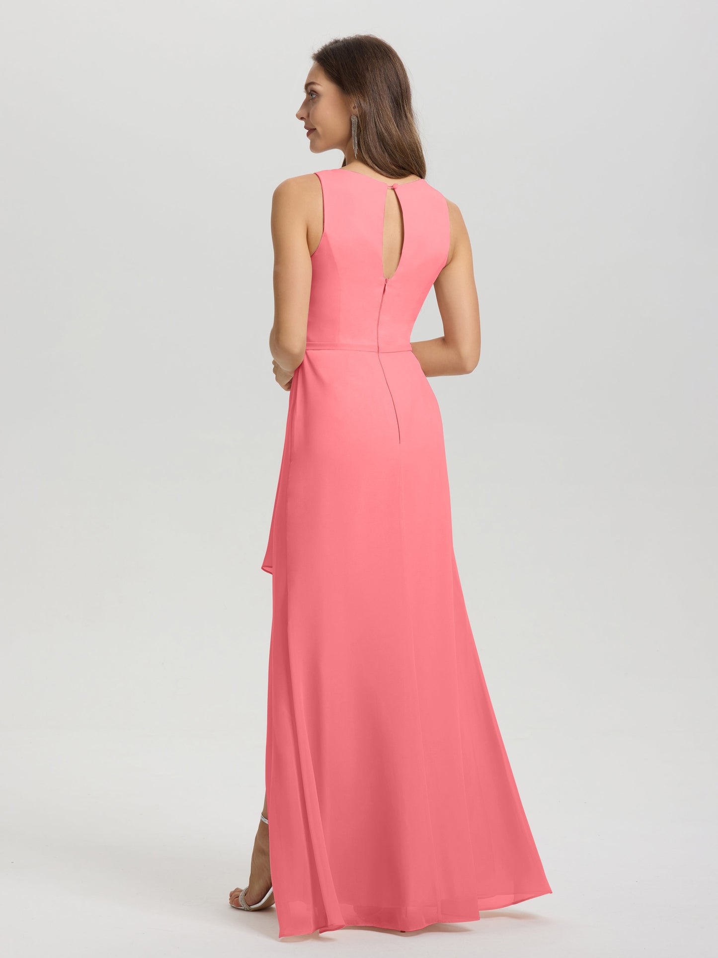 Boat Neck Sleeveless Ruffles Key Hole Back Chiffon Bridesmaid Dress