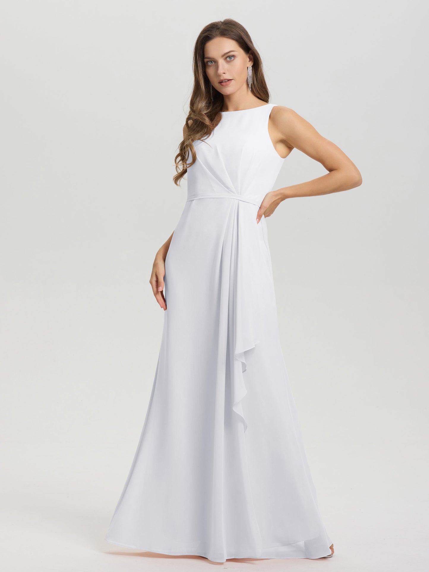 Boat Neck Sleeveless Ruffles Key Hole Back Chiffon Bridesmaid Dress
