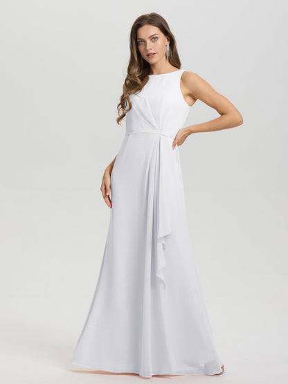 Boat Neck Sleeveless Ruffles Key Hole Back Chiffon Bridesmaid Dress