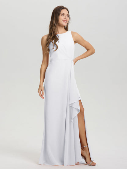 Boat Neck Sleeveless Ruffles Key Hole Back Chiffon Bridesmaid Dress